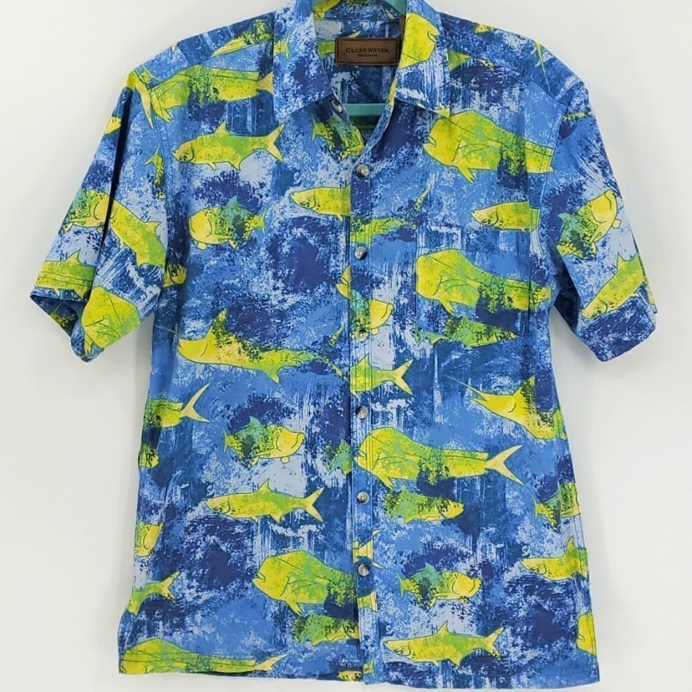 CLEARWATER, mens hawian short sleeve shirt with fish.  Size Medium. Blue/green‎